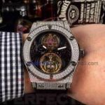 Perfect Replica Hublot Classic Fusion Stainless Steel Diamond Bezel Black Tourbillon Dial 45mm Watch 